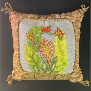 Two Wicker-look fabric and Floral Needlepoint Inset Square Pillow w/ Gold Roping